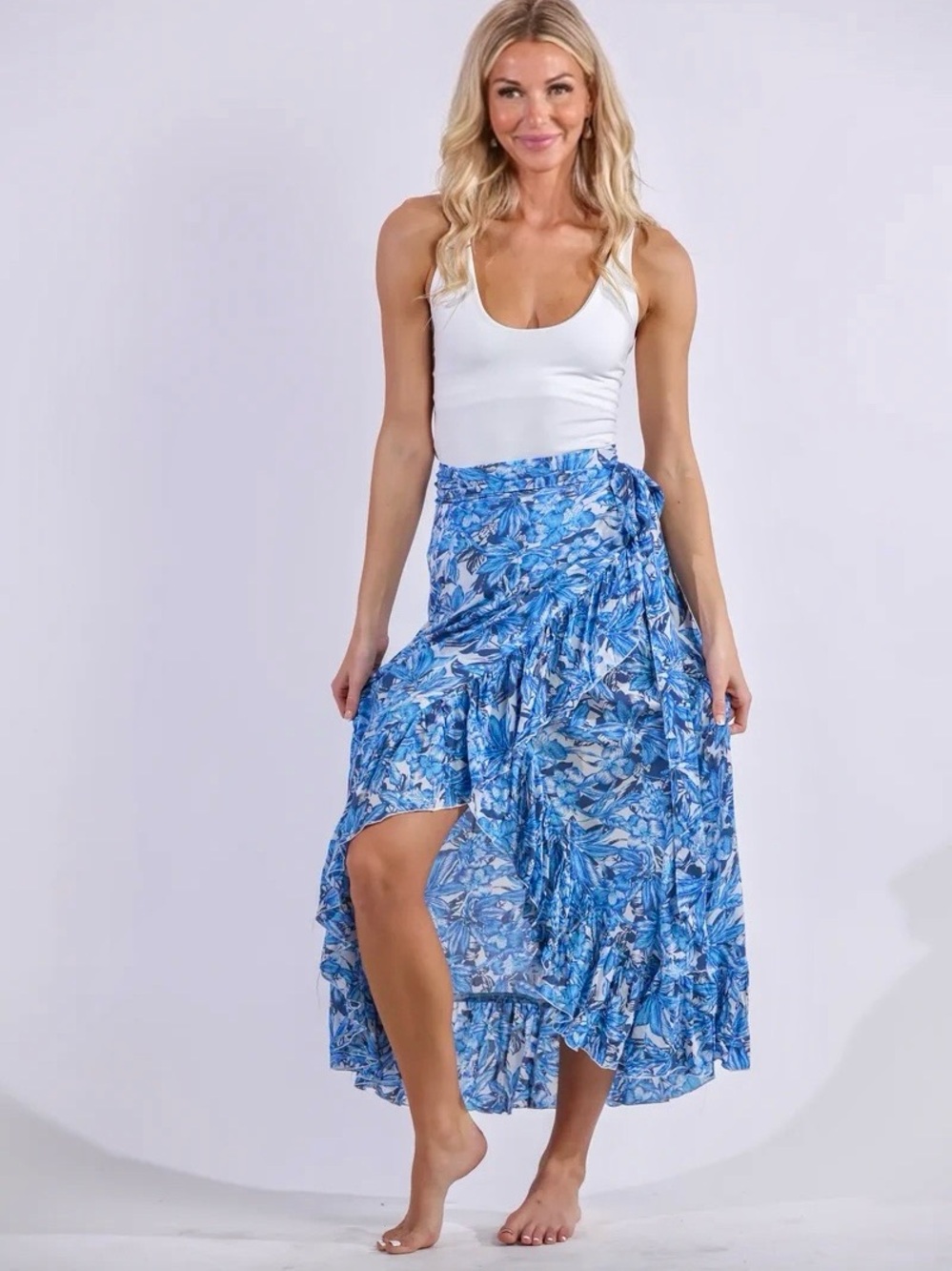 Sea Lustre Blue White Aztec Floral Ruffle Honey Wrap Maxi Skirt